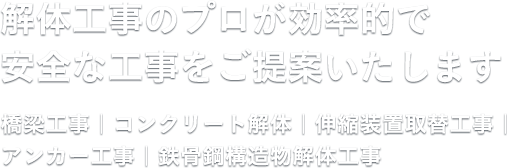 解体工事のプロが効率的で安全な工事をご提案いたします 橋梁工事｜コンクリート解体｜伸縮装置取替工事｜アンカー工事｜鉄骨鋼構造物解体工事